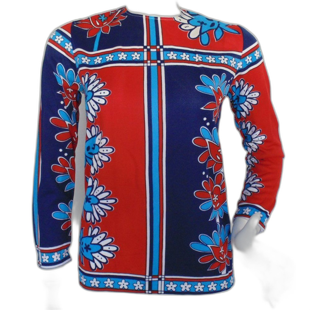HELEN SUE Tunic/Top, S, Poly, Red/Blue Color Block, Long sleeves, Back zip, 60s